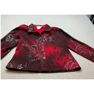Great Cavalier Paisley Glitter Button Down Jacket Large Red Burgundy Tie Dye